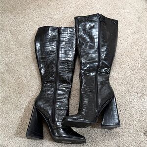 SHELA Black Croc-Embossed Chunky Block Knee-High Boots